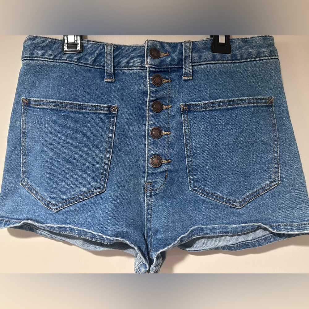 Free People Light Blue High-Rise Button-Front Denim Shorts